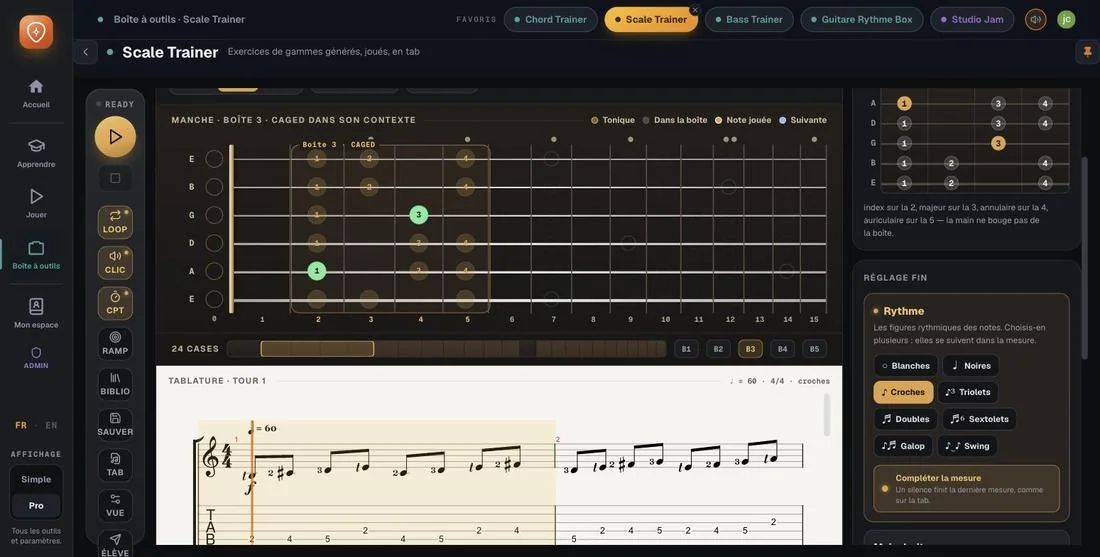 Guitar Master, Scale Trainer : une gamme affichée sur le manche, avec sa tablature.