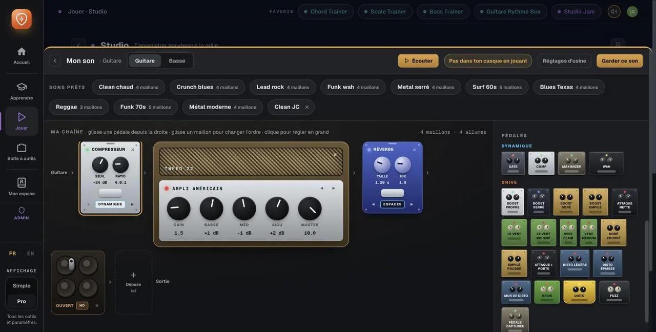 Guitar Master, écran Studio : une chaîne de pédales et un ampli en cours de réglage.