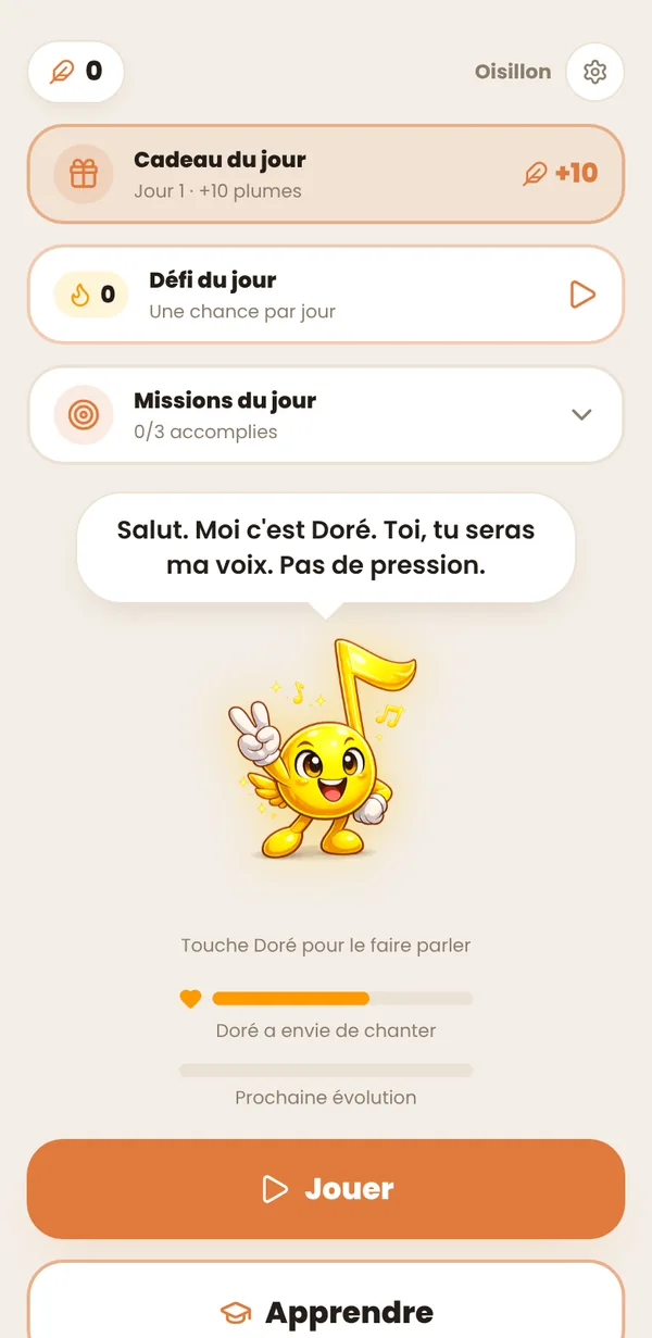 Singing Bird, écran d’accueil : le défi du jour, les missions et le personnage, avant de lancer une partie.