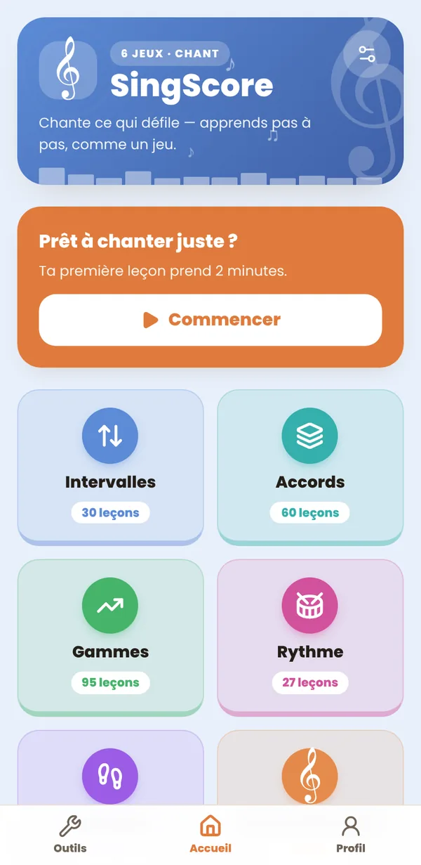 SingScore, écran d’accueil : les familles de jeux et leur nombre de leçons.