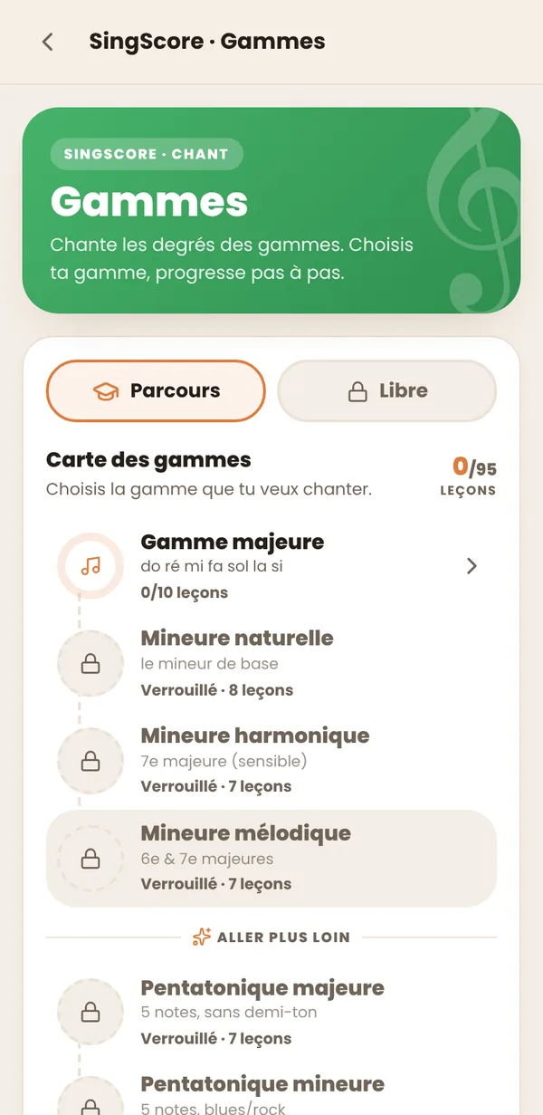 SingScore, jeu Gammes : la carte des gammes à chanter, leçon après leçon.