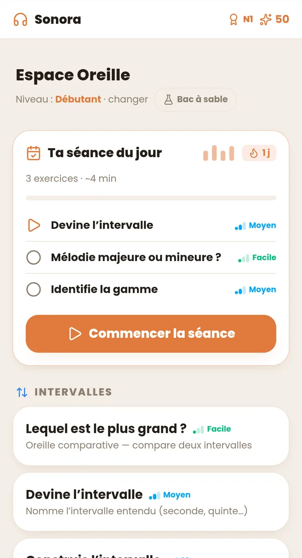 Sonora, écran d’accueil : la séance du jour et la liste des exercices d’intervalles.