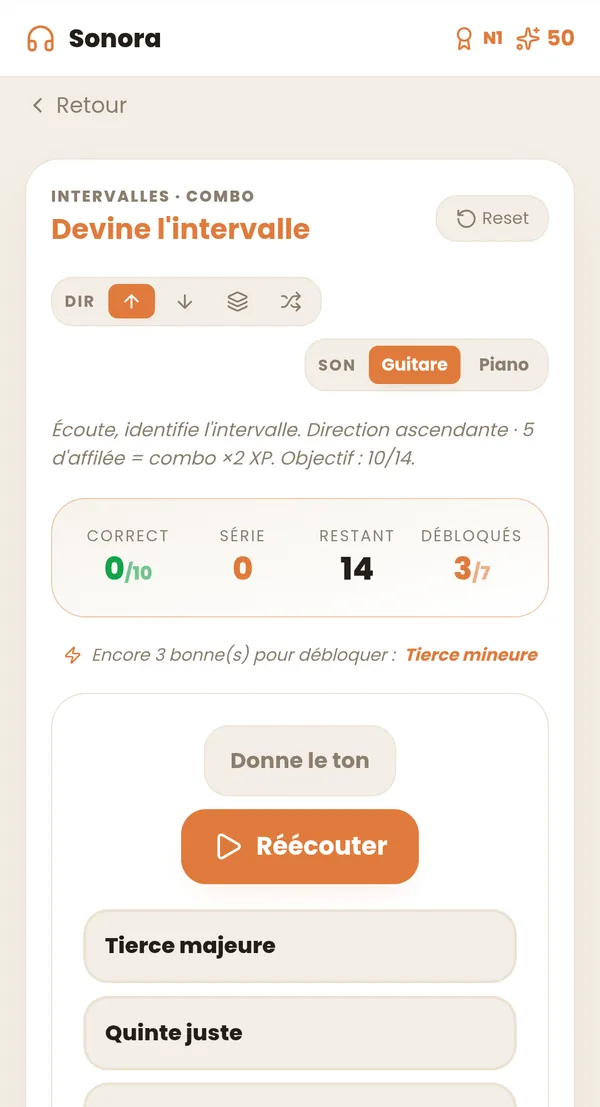 Sonora, exercice « Devine l’intervalle » : écouter, puis choisir parmi les réponses proposées.
